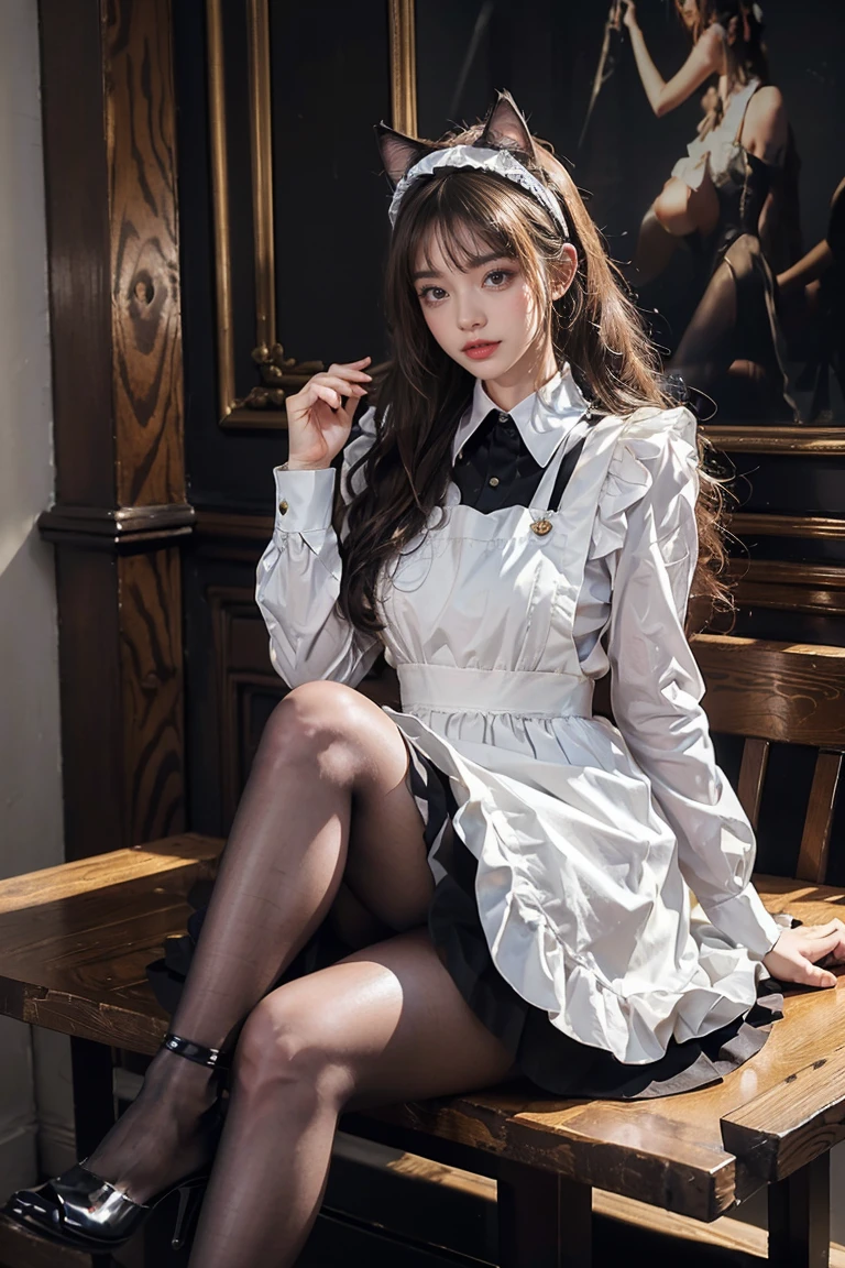 ((masterpiece, best quality, Highest image quality, high resolution, Reality, RAW photos, 8K)), ((Extremely detailed CG unified 8k wallpaper)), (Huge stunning goddess photo, Very hot and sexy, Stunning beauty, Perfect proportion, Beautiful Body, slim body beautiful:1.4), ((ung woman, Detailed face and eyes, Pretty Face, Ponytail, Cute cat ears,Cartoon cat ears,Glowing skin, Realistic skin texture, Wearing a maid outfit, Sitting at the table with legs spread, Put one leg on the chair, Coffee Shop,((猫耳Headdress,Cat ear girl,Cat ear headbands)),Dynamic poses, Long sleeve, Large Breasts, Big Ass)), ((Black maid outfit, Long sleeve, Long skirt, White apron, Headdress, High heel ))),
