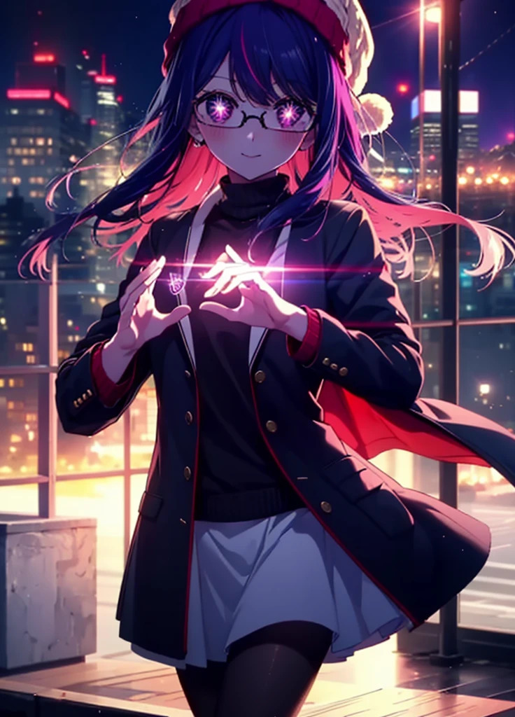 aihoshino, Ai Hoshino, Long Hair, bangs, (Purple eyes:1.1), Purple Hair, (Symbol-shaped pupil:1.5), smile,smile,blush,Open your mouth,Knitted hat,Black-rimmed glasses,Purple long coat,V-neck sweater,Long skirt,Black pantyhose,short boots,Red muffler,It&#39;s snowing,Snow is falling,Walking,whole bodyがイラストに入るように, evening,sunset,The sun is setting,
break outdoors, Building district,
break looking at viewer, whole body,
break (masterpiece:1.2), Highest quality, High resolution, unity 8k wallpaper, (figure:0.8), (Beautiful attention to detail:1.6), Highly detailed face, Perfect lighting, Highly detailed CG, (Perfect hands, Perfect Anatomy),