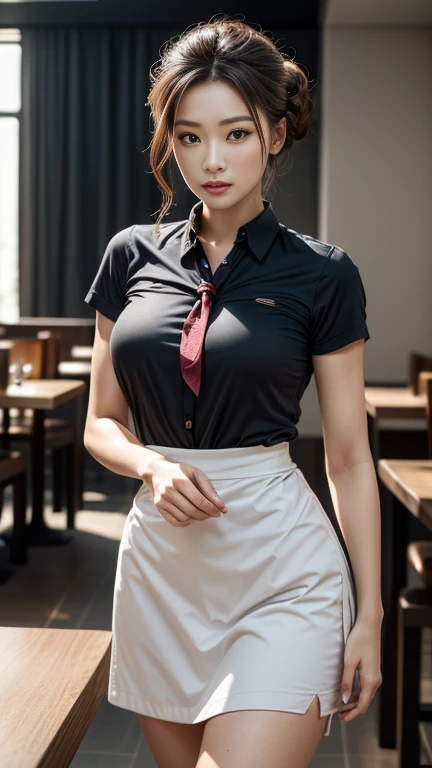 (8K, RAW Photos, 最high quality, masterpiece: 1.2), (Realistic, photoRealistic: 1.37), 1 A woman wearing a waitress uniform standing on the sidewalk, , Professional Lighting, Photon Mapping, , Brazilian women, Torn, Sommelière、, Incredibly beautiful face、Playmate proportions、Sommelièreのユニホーム、,At a fine dining restaurant, masterpiece, 最high quality, high quality, High resolution, big , (Face close-up),working at a restaurant、Hair is tied、Updo、