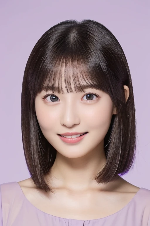 (software:1.8、masterpiece, Highest quality, Sony α9ⅡF2 lens shooting),1 Girl, alone, have, Realistic, Realistic, Looking at the audience, Light brown eyes, Brunette short bob hair with highly detailed shiny hair, short hair:1.8、Beautiful symmetrical face、Spring Clothes:1.6, Whity, lips, bangs, Outdoor, Mouth closed, Upper Body、Big eyes、eyelash、((Very simple light purple background:1.8))、(((bangsのあるshort hair、Big eyes、big and full chest、Looking at the audience、Beautiful beauty、Show me your ears、Long neck、smile、please close your mouth and smile)))、Ideal body type、(({Huge|big|Huge|Mega} chest:2, chestの谷間:2、happy smile、Beautiful Teeth、))