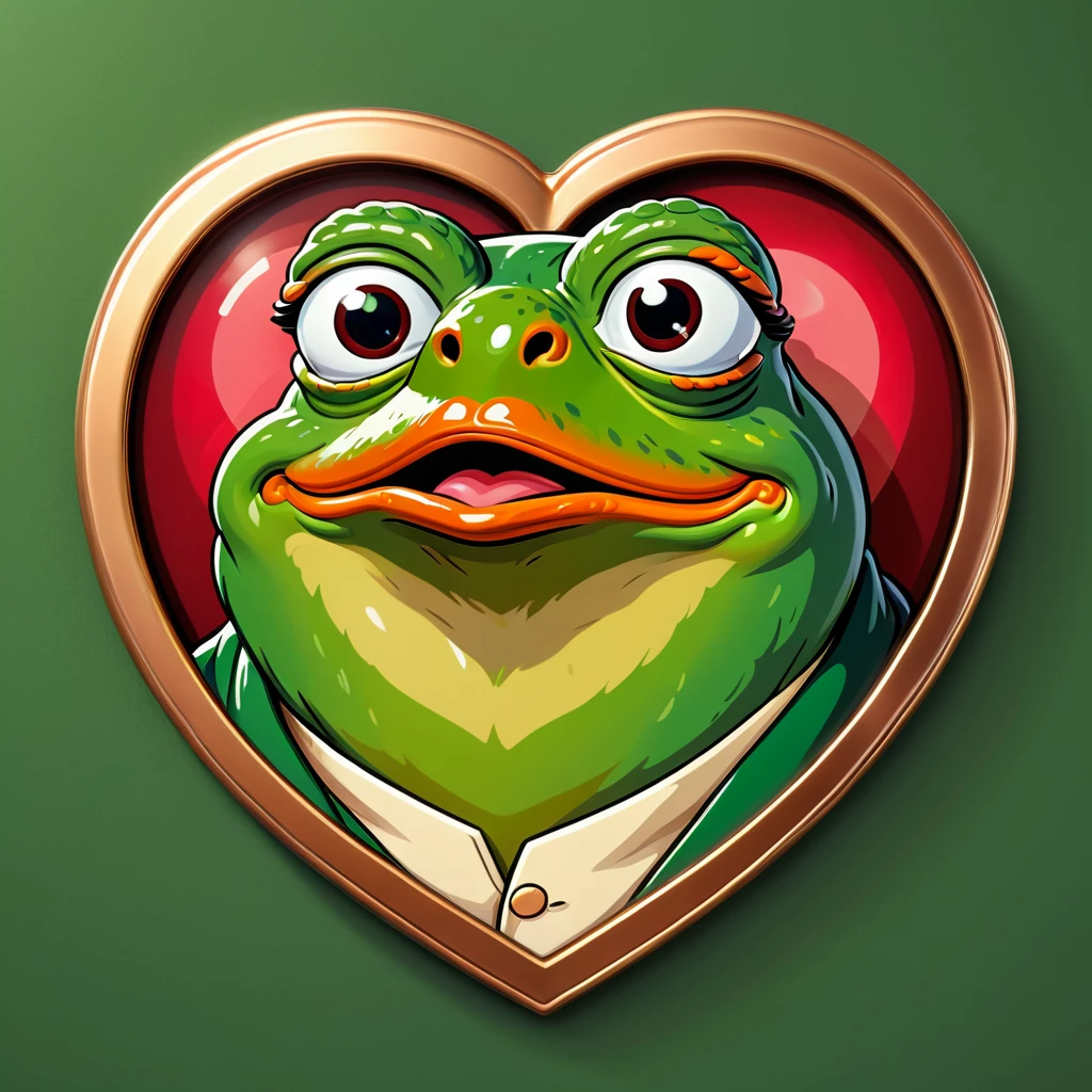 a hexagonal badge of a pepe from mem pepe, humor style, vector, best quality,metal outline, (heart shape:1.5)