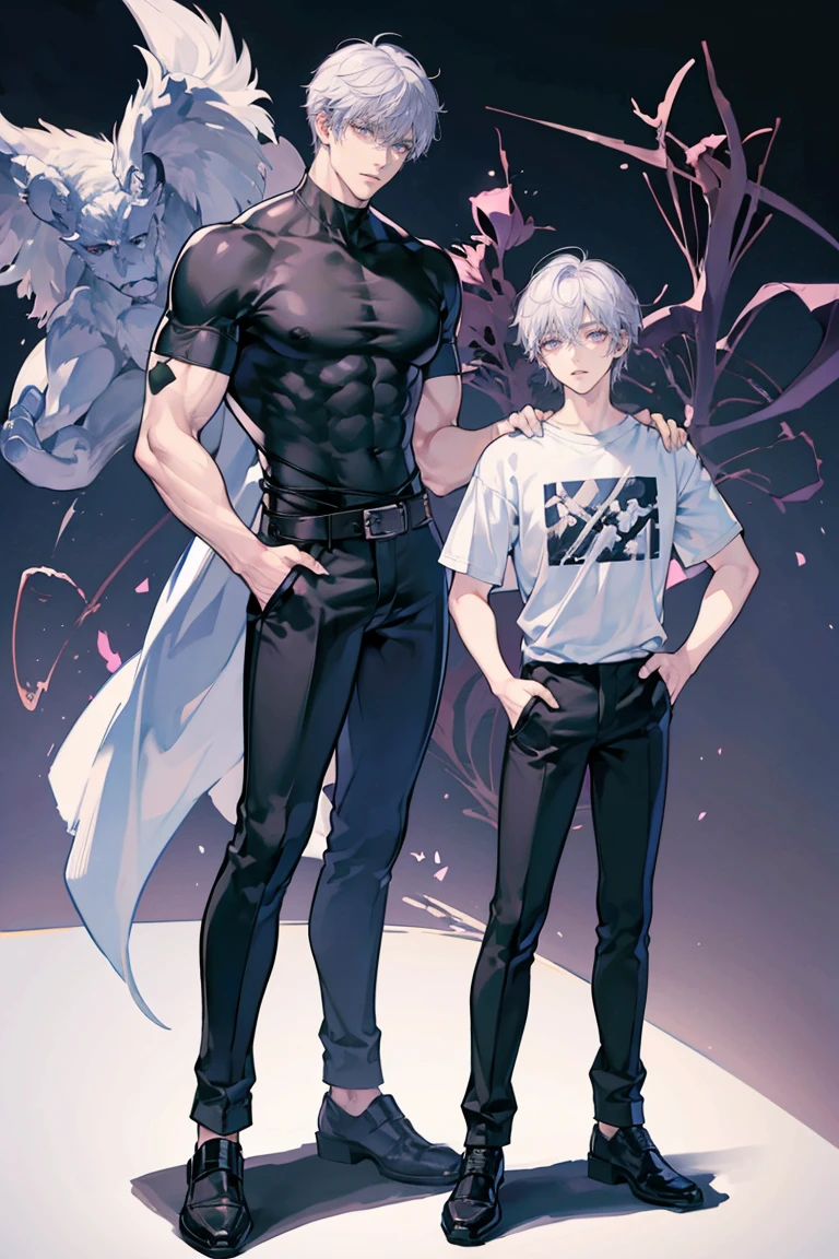 anime - (masterpiece), best quality, seductive eyes, mature face, purple eyes, middle part haircut, short length white hair, black compression t-shirt, black pants, tall man, long legs, masculine, broad shoulders, big muscles, adult-like, full body, both hands on his pockets
