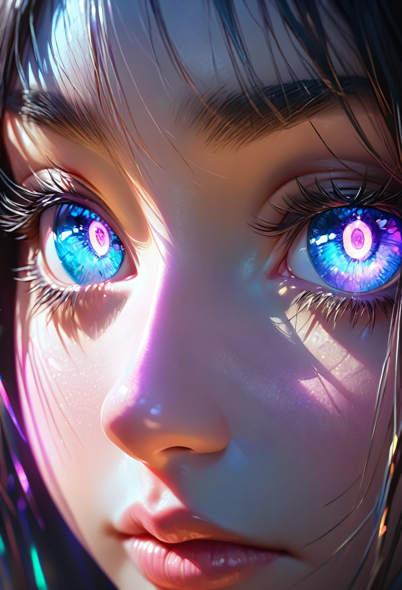 (best quality,Extremely detailed,Reality:1.37),(Realistic lighting),(Vibrant colors),(Clear focus),(Extremely detailed的描述),
(Surrealist eyes),(close up),(Only see the eyes),(long dark eyelashes),(Shining pupils),(Glow-emitting iris)