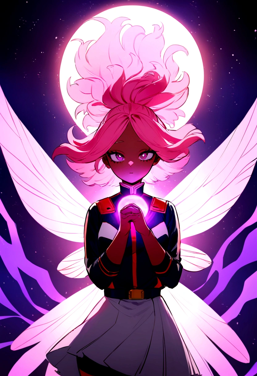 Long pink hair girl, with a dark complexion in the style of my hero academia, in the uniform of a My Hero Academia student . with fairy wings and around her a purple aura and behind her the sun and her surroundings illuminated by the sun. In his hands is a sphere of sunlight