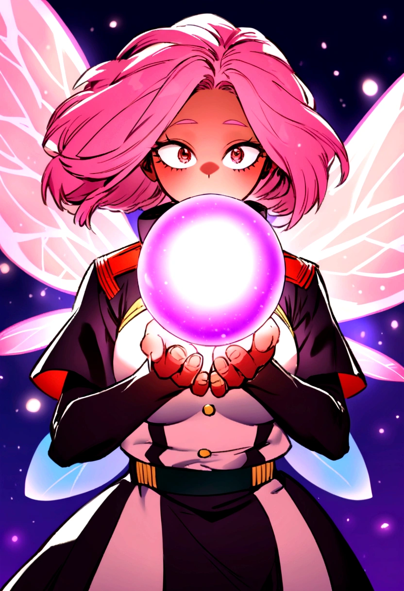Long pink hair girl, with a dark complexion in the style of my hero academia, in the uniform of a My Hero Academia student . with fairy wings and around her a purple aura and behind her the sun and her surroundings illuminated by the sun. In his hands is a sphere of sunlight