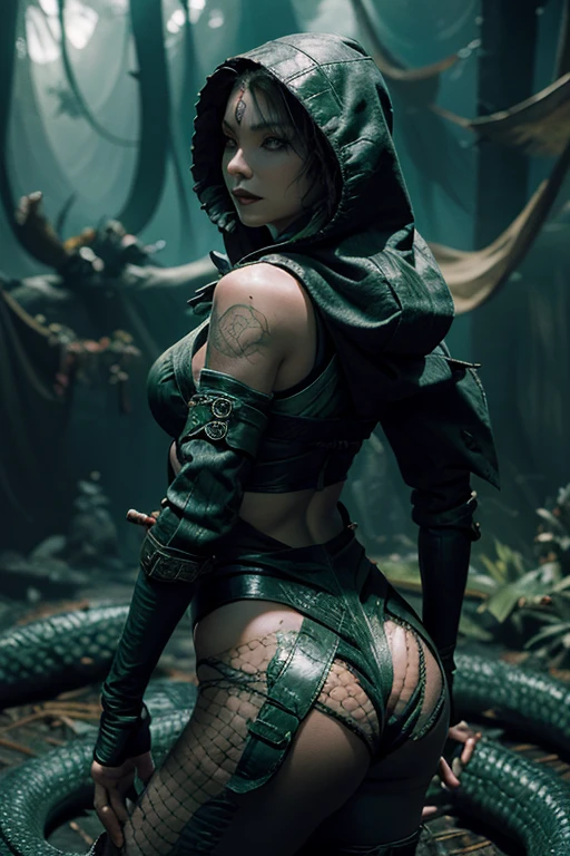 "The Last Anaconda Amazon" Beautiful woman, cold face, no horns, have an anaconda tail behind her butts, scary tail, have a thousand arms, an ancient witch, wear a full-mask cover face, holding sharply weapon and shield, wear an old-fashioned hood, wear a clothes from Arknights, Bloodborne theme, Arknights theme, dark fantasy, scary theme, green forest, monstrous pet, bloody background, supervillain, evil movement, mercilessly squads.