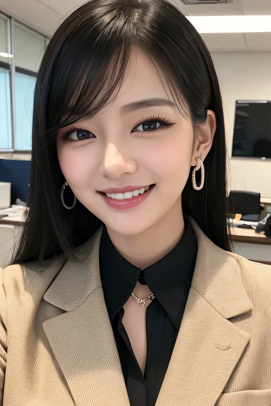 Beautiful young woman、 Black Hair、Necklace around the neck、Office Lady Suits、Jacket、Unbuttoned shirt、Flashy makeup、smile、Laughing with your mouth open、Intricate details, Very detailed:1.2), 、 Looking into the camera,The background is the office、Necklace around the neck、Dark eyeliner、ear piercing