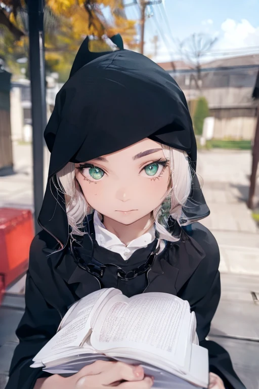 1 woman, black robe, radiant green eyes, white hair,anime, realistic,Black head covering,ultra detail