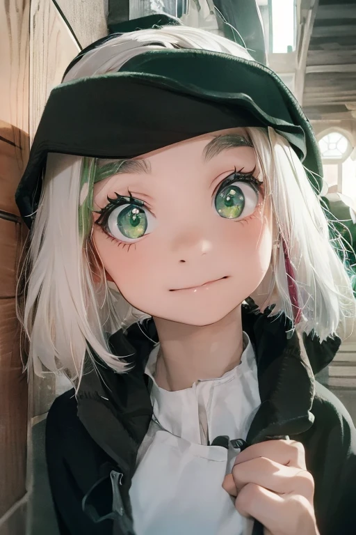 1 woman, black robe, radiant green eyes, white hair,anime, realistic,Black head covering,ultra detail