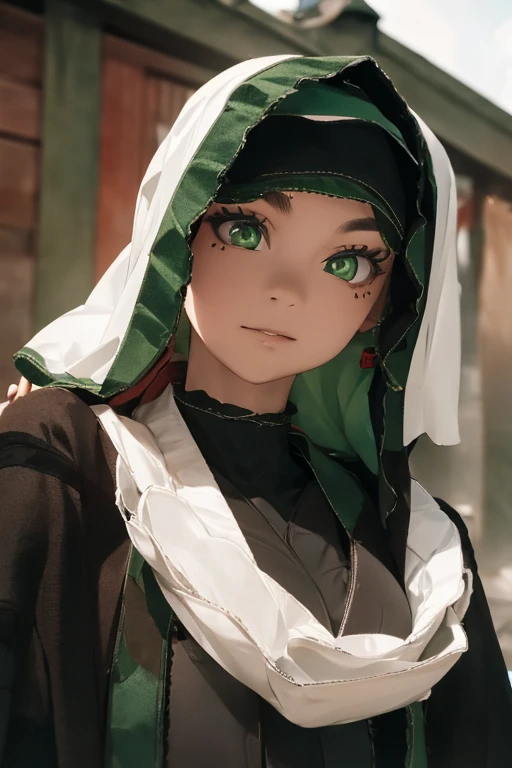 1 woman, black robe, radiant green eyes, white hair,anime, realistic,Black head covering,ultra detail