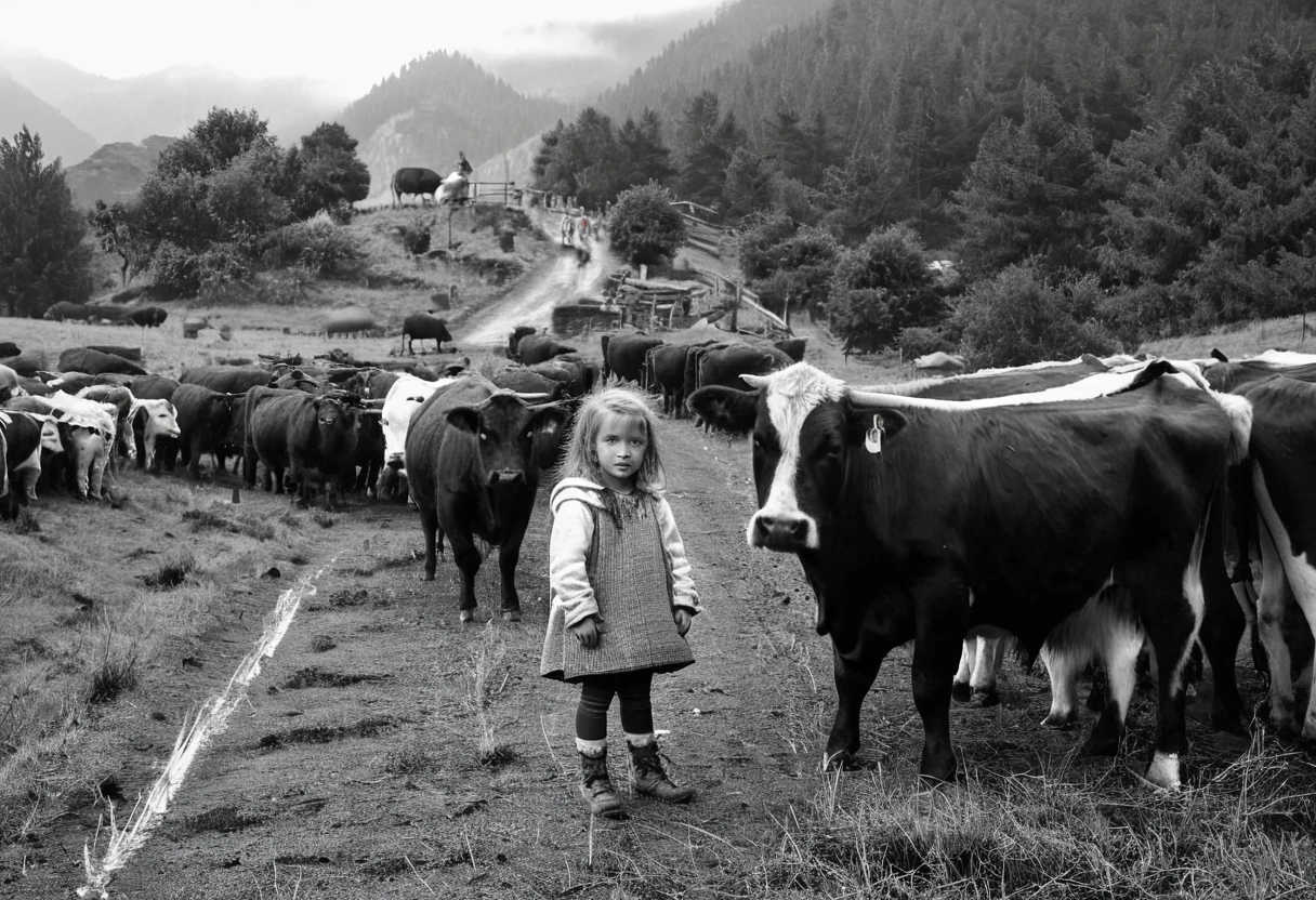 Deep in the mountains,A ,Cattle,A herd of cattle,Rainy Day,Black and white photography,Magnum Style,RAW format,high quality