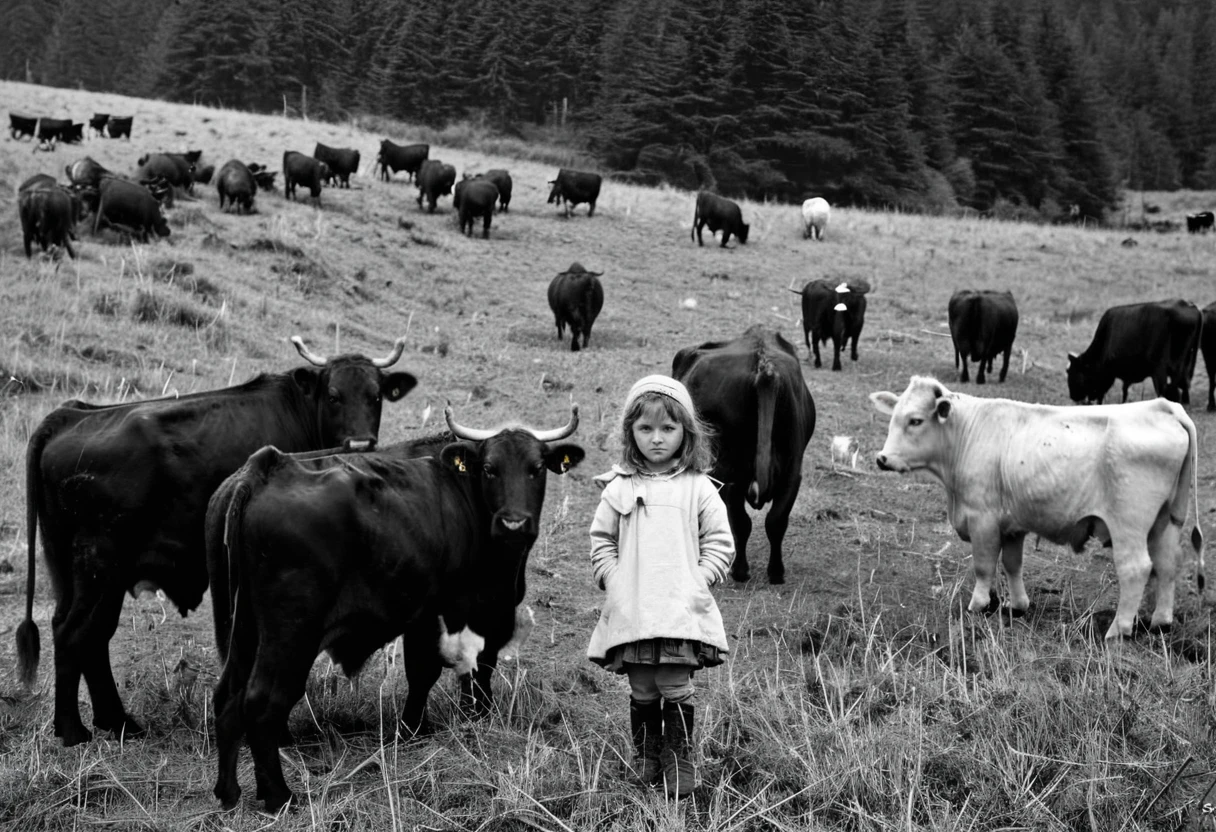 Deep in the mountains，A ，Cattle，A herd of cattle，Rainy Day，Black and white photography，Magnum Style，RAW format，high quality