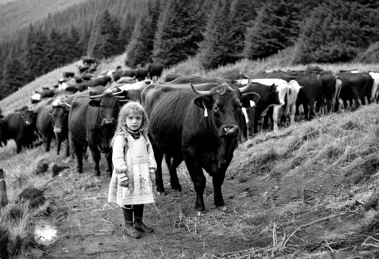 Deep in the mountains,A ,Cattle,A herd of cattle,Rainy Day,Black and white photography,Magnum Style,RAW format,high quality