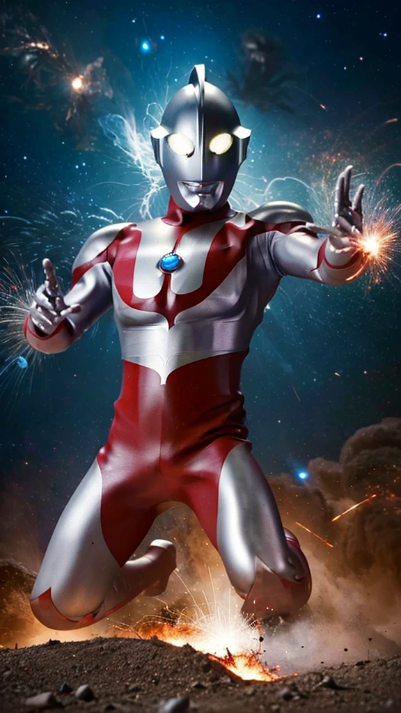 gigantic ultraman,repairing,fixing,oil refinery plants,tanks,heavy machinery,Metallic armor,glowing eyes,detailed mechanical parts,smoke and sparks,blazing flames,high-tech 、Ultraman flying in space