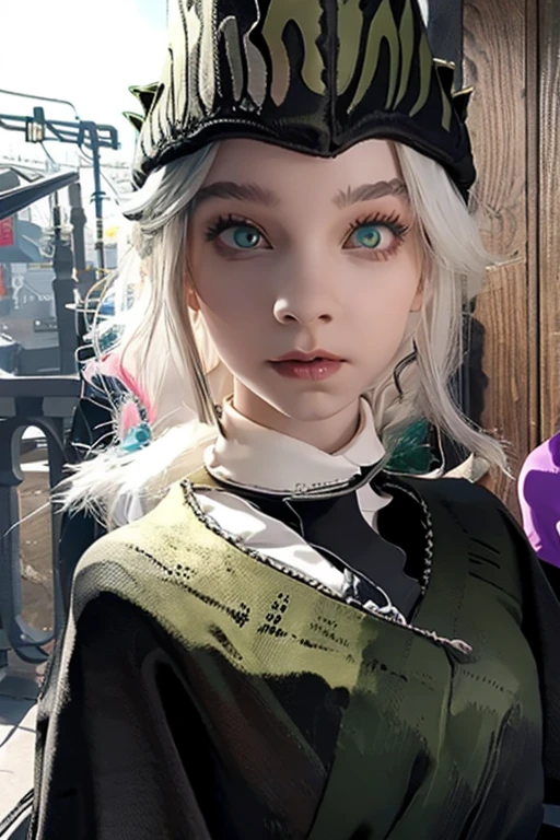 1 woman, black robe, radiant green eyes, white hair,anime, realistic,Black head covering,ultra detail