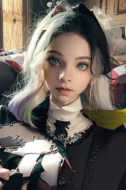 1 woman, black robe, radiant green eyes, white hair,anime, realistic,Black head covering,ultra detail