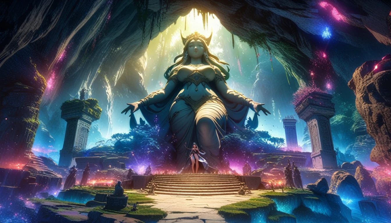 anime aestetics, anime scenery, huge cave, ancient monument standing in the center, statue of the goddes of fertility, old statue, covered in moss, curvy figure, cave vovered with different kinds of krystals, saphires, amethists, rubies, dim light, shiny crustals, mystic atmosphere, beautiful shine, a lot of colours, dnd, heroic fantasy, from above, wide shot, perspective, atmospheric perspective, 4K, 8k, highres, best quality, super detail, award winning, masterpiece