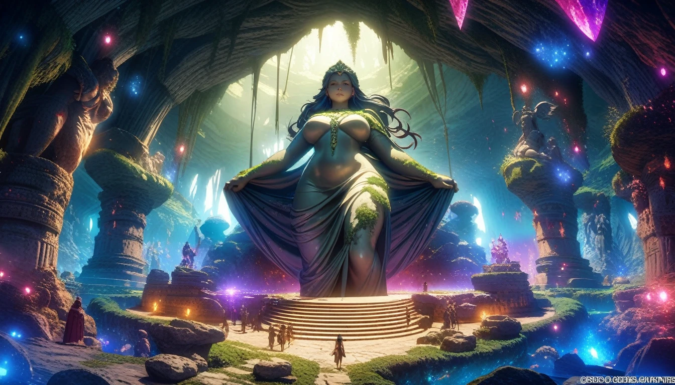anime aestetics, anime scenery, huge cave, ancient monument standing in the center, statue of the goddes of fertility, old statue, covered in moss, curvy figure, cave vovered with different kinds of krystals, saphires, amethists, rubies, dim light, shiny crustals, mystic atmosphere, beautiful shine, a lot of colours, dnd, heroic fantasy, from above, wide shot, perspective, atmospheric perspective, 4K, 8k, highres, best quality, super detail, award winning, masterpiece