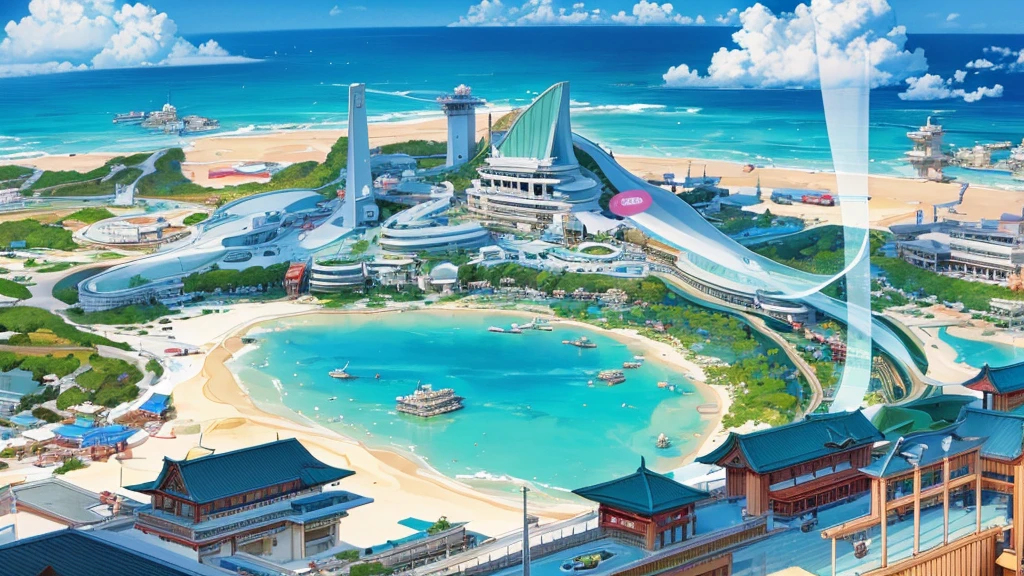 (resort city of Okinawa), which is in Japan, ((the beach and houses are visible)). (((single image)))