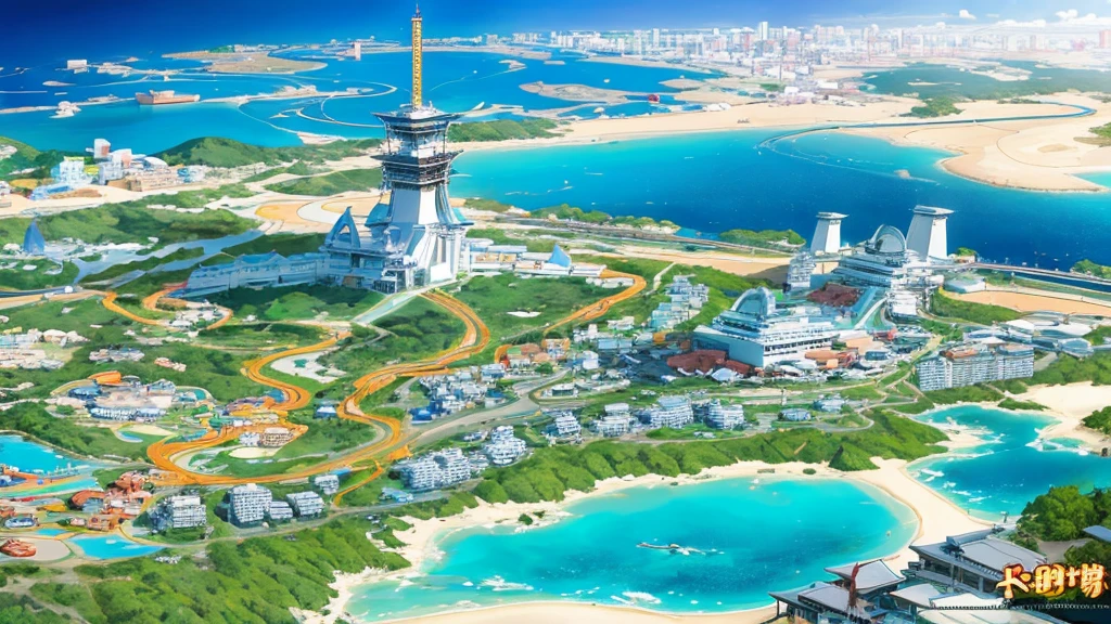 (resort city of Okinawa), which is in Japan, ((the beach and houses are visible)). (((single image)))