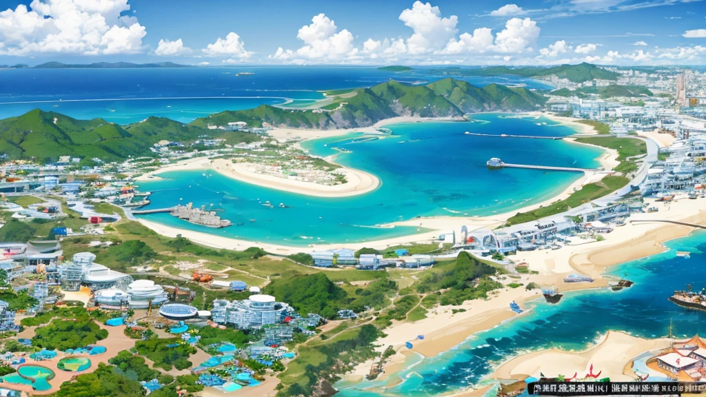 (resort city of Okinawa), which is in Japan, ((the beach and houses are visible)). (((single image)))