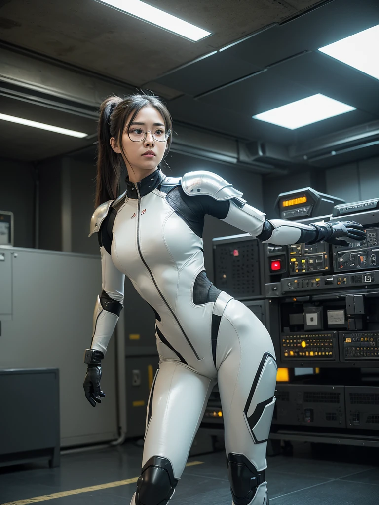 The future heroine stands in heroic form. The heroic future female warrior is Age (mid-20s), face (strong face, no makeup), hair (white long Ponytail hairstyle), AR glasses, body (healthy flesh, muscular, glamorous bodyline), state-of-the-art combat suit (armor (torso, arms, legs), flexible articulation, state-of-the-art sleek design, combat design, khaki color), function (heavy machine automaton). Full body. Background is spaceship interior. created using: style(futuristic, textured, digital-traditional blend, cyberpunk, science fiction, detailed, gritty, industrial, graphic-novel-esque), Cinematic style, dynamic angles, bright lighting, high definition.