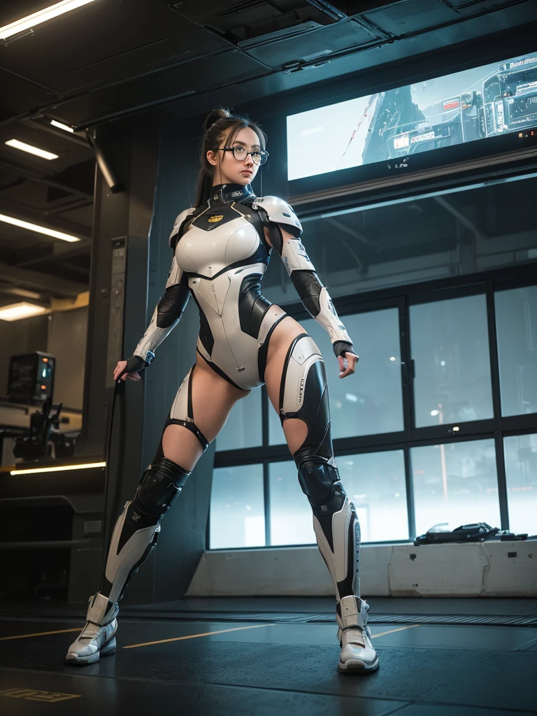 The future heroine stands in heroic form. The heroic future female warrior is Age (mid-20s), face (strong face, no makeup), hair (white long Ponytail hairstyle), AR glasses, body (healthy flesh, muscular, glamorous bodyline), state-of-the-art combat suit (armor (torso, arms, legs), flexible articulation, state-of-the-art sleek design, combat design, khaki color), function (heavy machine automaton). Full body. Background is spaceship interior. created using: style(futuristic, textured, digital-traditional blend, cyberpunk, science fiction, detailed, gritty, industrial, graphic-novel-esque), Cinematic style, dynamic angles, bright lighting, high definition.
