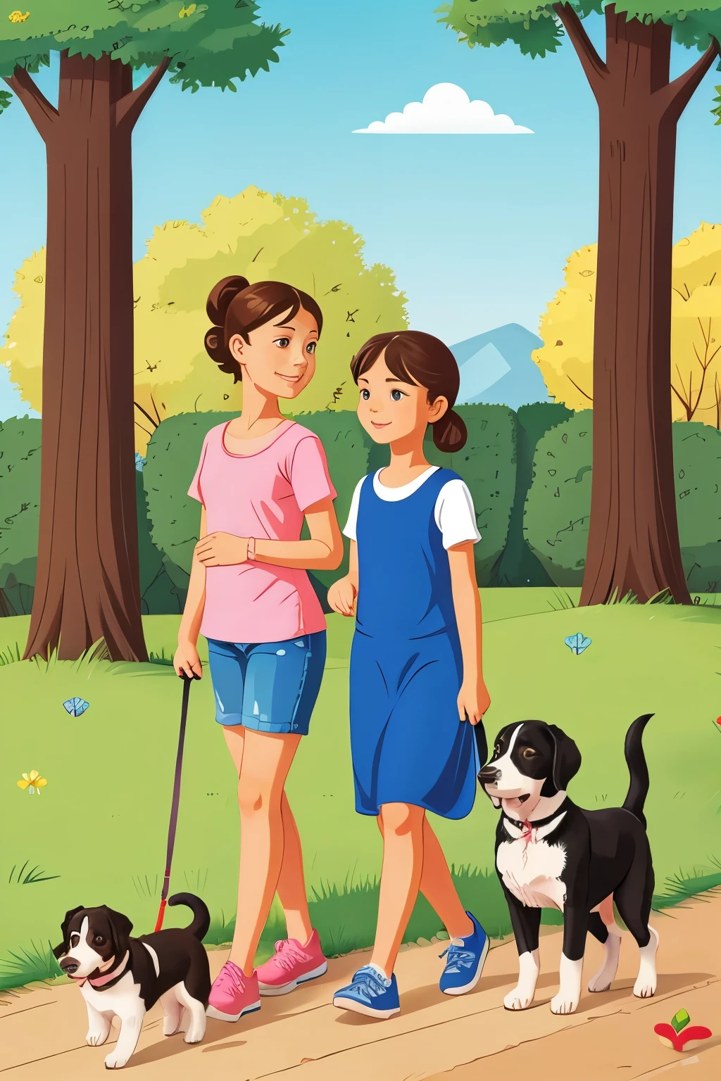 worried mother dog with her young puppy walking, childrens bool illustration style