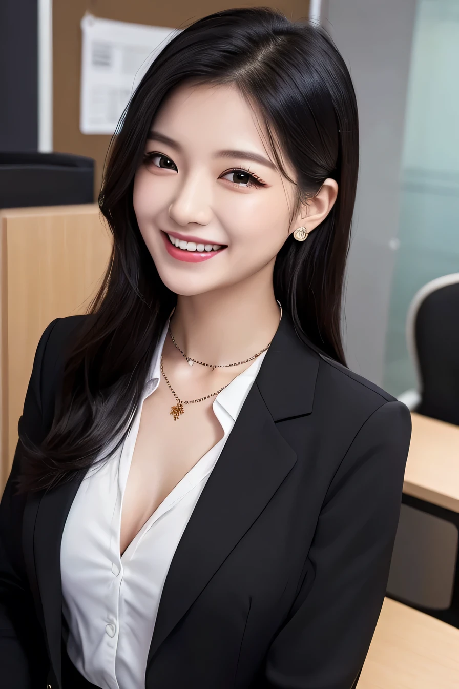 Beautiful young woman、 Black Hair、Necklace around the neck、Office Lady Suits、Jacket、Unbuttoned shirt、Flashy makeup、smile、Laughing with your mouth open、Intricate details, Very detailed:1.2), 、 Looking into the camera,The background is the office、Necklace around the neck、Dark eyeliner、ear piercing