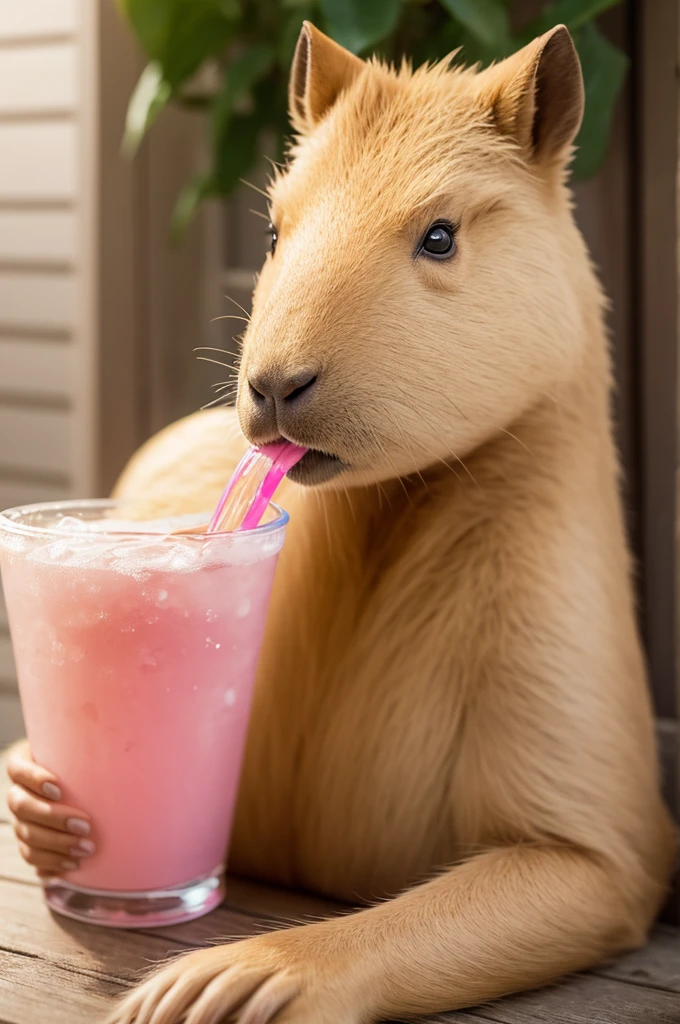 A capybara(Animal) with blonde hair with a pink streak drinking a drink
