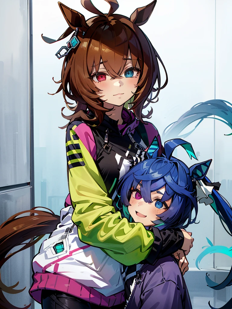 (top-quality、hight resolution), Create an image of LoRa①'s character and LoRa②'s character embracing each other warmly. The scene should convey a sense of affection and intimacy, with both characters displaying expressions of comfort and happiness. The background can be a neutral setting to focus on the emotional connection between the two characters. Twin_Turbo_Umamusume, aqua hair, twintails, heterochromia, purple eyes, blue eyes, sharp teeth, multicolored hoodie, black leggings, agnes tachyon (umamusume)
