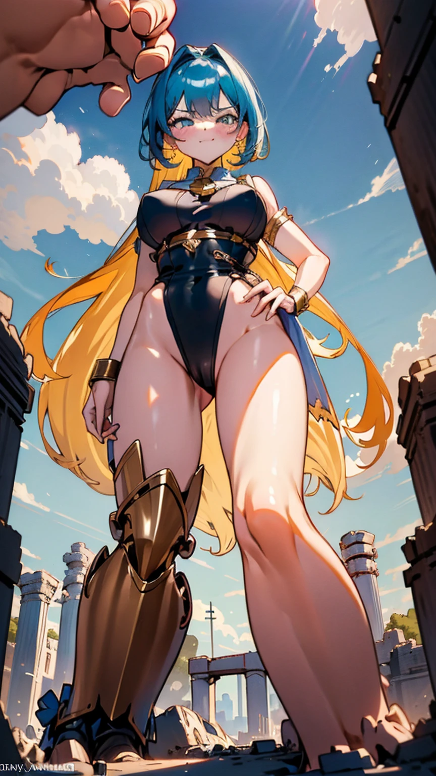A fierce giantess in a skimpy gladiator outfit, with long golden hair and fierce blue eyes, stands triumphantly in a crumbling ancient arena. Her powerful legs crush the remnants of stone pillars and statues, her hands on her hips as she gazes down at the tiny spectators with a look of disdain. She picks up groups of tiny people, laughing at their futile attempts to escape her grasp. Her voice is filled with mocking laughter, her body exuding an aura of raw power and eroticism. Giantess, Goddess, sexy legs, gladiator, hot, curvy body, mommy issues, tiny people, macrophilia, perspective from below, high quality, almost naked, mature woman, ancient, erotic.