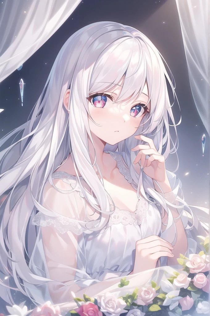 ((masterpiece, best quality))++, Detailed lighting+, Detailed hair+, Detail hand+ ,1 girl, Miss, Long hair, Crimson eyes, beautiful eyes, young white hair,,(Beautiful white hair:1.5),(Beautiful and delicate eyes), high resolution+,glass tint, Reflective eyes, {{angle}} , Very detailed wallpaper, The original, Air bangs,Extremely beautiful CG,