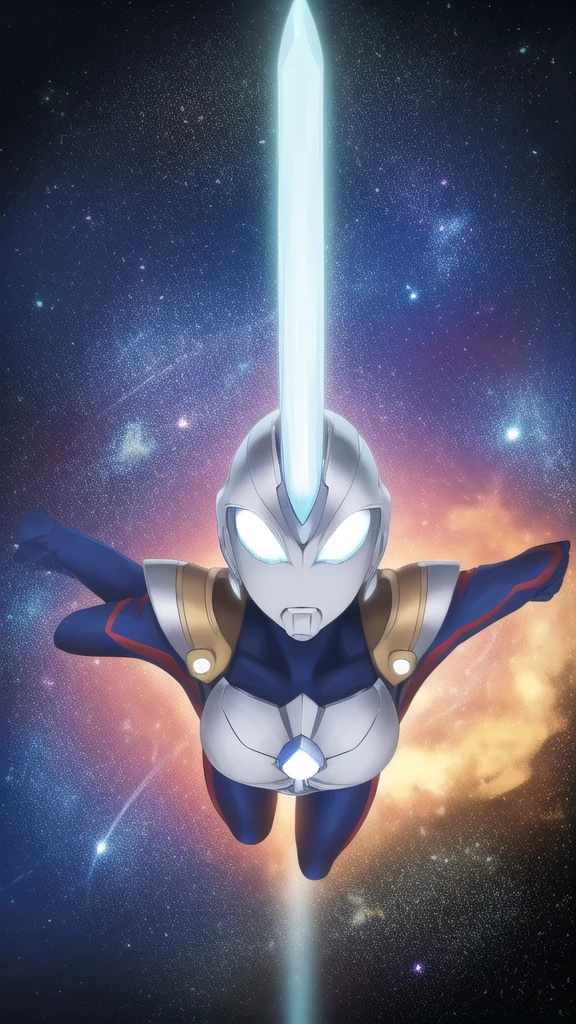 masterpiece, best quality,ultra detail, ultraman,intense close-up, solo,  (clenched hand:1.4), simple background, space, looking at viewer, upper body, flying, (raise one fist for viewer) (Ultraman_Rise:1.5 )