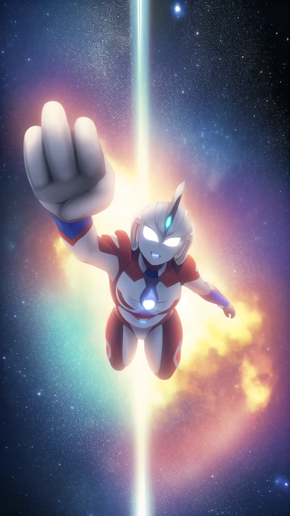 masterpiece, best quality,ultra detail, ultraman,intense close-up, solo,  (clenched hand:1.4), simple background, space, looking at viewer, upper body, flying, (raise one fist for viewer) (Ultraman_Rise:1.5 )