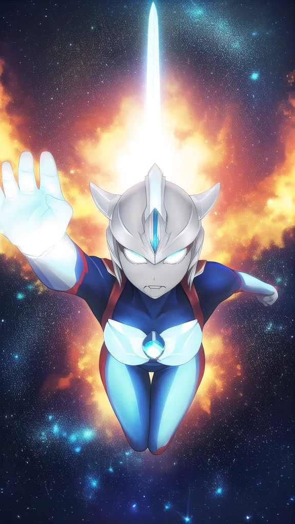 masterpiece, best quality,ultra detail, ultraman,intense close-up, solo,  (clenched hand:1.4), simple background, space, looking at viewer, upper body, flying, (raise one fist for viewer) (Ultraman_Rise:1.5 )