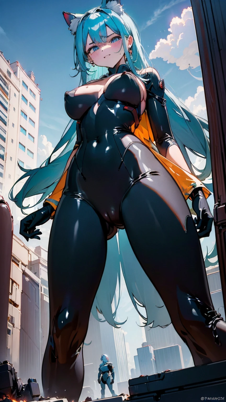 A seductive giantess in a tight red bodysuit, with long silver hair and glowing blue eyes, lounges sensually in a futuristic landscape. Her massive body crushes advanced technology and sleek buildings beneath her, her legs crossed provocatively as she gazes down at the tiny humans with a look of amusement. Tiny people scramble around her, their tiny cries barely reaching her ears. Her voice is a sultry purr, filled with teasing mockery, as she picks them up and teases them against her curves. Giantess, Goddess, sexy legs, bodysuit, hot, curvy body, mommy issues, tiny people, macrophilia, perspective from below, high quality, almost naked, mature woman, futuristic, erotic.