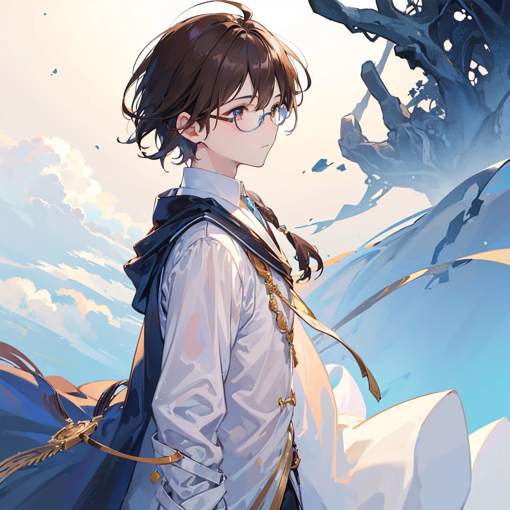 1boy,Brown hair,high light, Brown eyes, high quality, gradient blue background, light atmosphere, dreamy atmosphere, half body photo, pale colors,glad, delightful, short hair, glasses, landscape, facial profile, male, --ar 1:1 --v 5.2