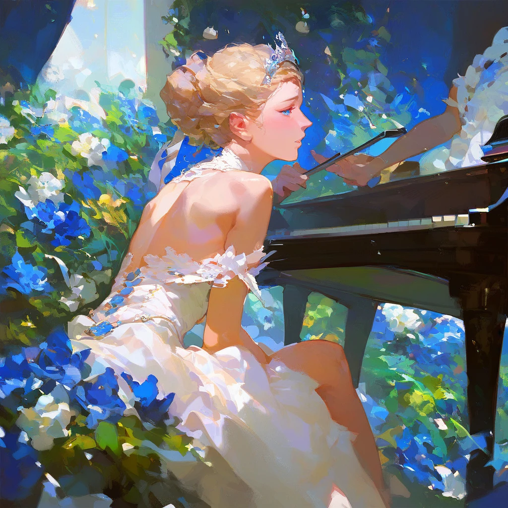 (score_9,score_8_up,score_7_up,) woman in fancy dress leaning over an upright grand piano at dusk with flowers around, 1girl, dress, solo, instrument, flower, high heels, sitting, tiara, white dress, blue eyes, blue flower, blonde hair, hair bun, Expressiveh, negative_hand, [[gwentstyle]], moon
