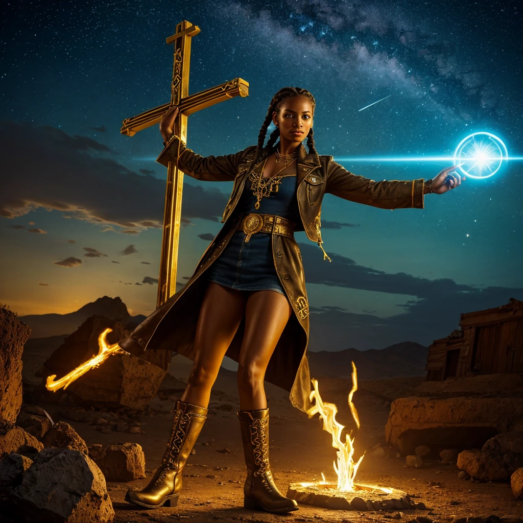 intense painting of in an ancient desert rapture, with crucifixes, burning ringed planet in the sky, meteor storm, old ramshackle buildings all around, bones and skulls are in the ground. enormous vehicles. A buxom demon in her 30's, with black skin, hair in braids, glowing ankh pendant, gold jewellery, old yellow jacket, old yellow cowgirl boots with gold trim, holding a magical spell that glows blue. dynamic action pose. on a rock