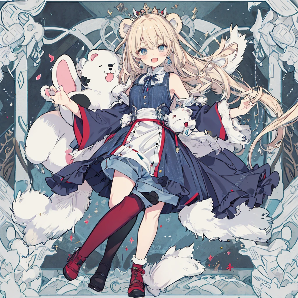 short cute male, very pale skin, beautiful eyes, perfect hands, one eye red one eye pink, long legs, narrow waist, perspective, neck-length blonde hair with pale pink tips, perfect hands, male, fluffy bear slippers, crossed bangs, vivid colors, best quality, high quality, short messy wavy hair, oversized brown bear onesie, loose sleeves, pale blue jean shorts, striped knee high socks, earring on left ear, fangs, :3, smug