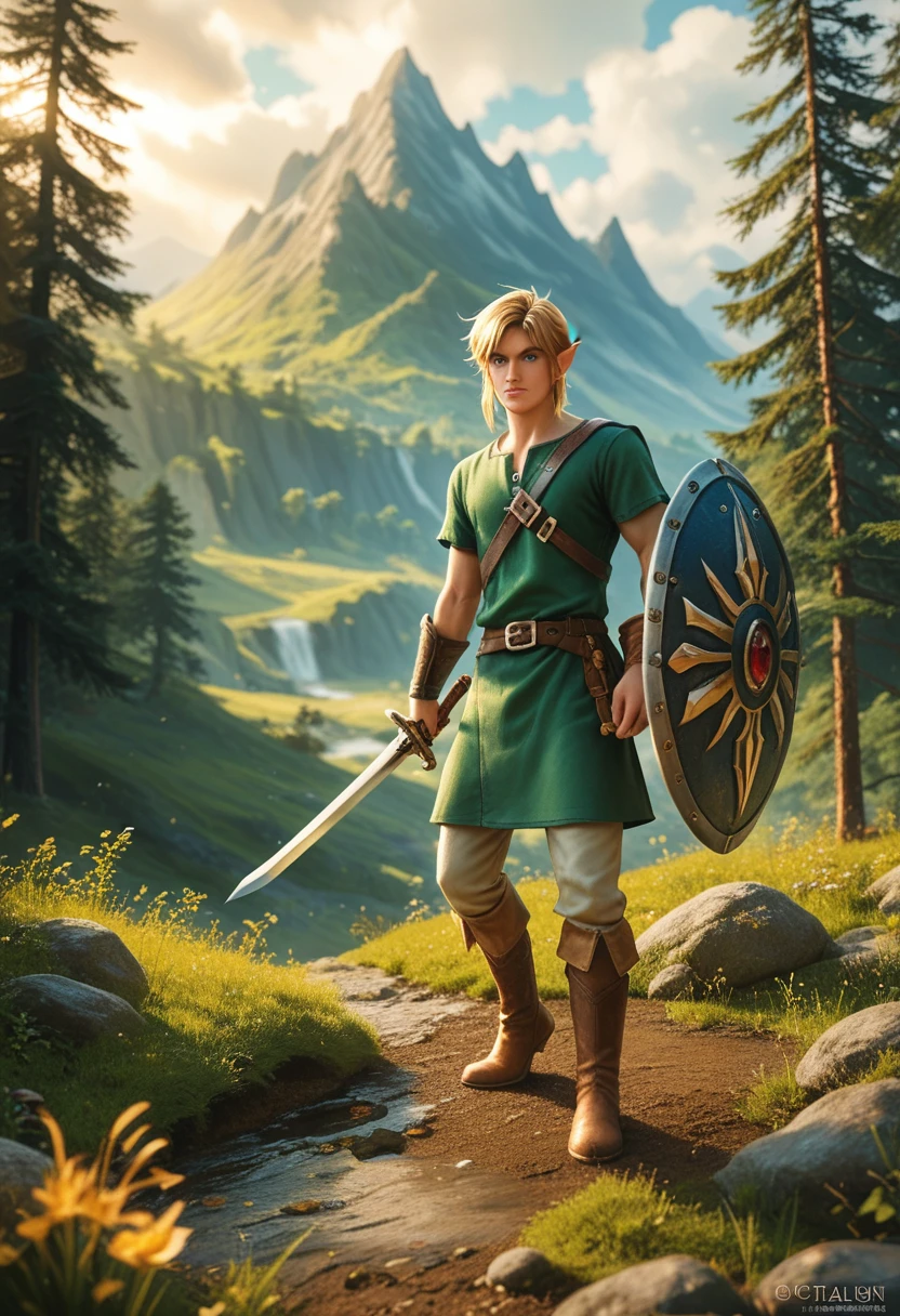Detailed portrait of Link, The protagonist of the Legend of Zelda series, 1 boy, Detailed facial features, Sharp blue eyes, well defined jawline, Blonde hair, Risky expression, Wearing a green tunic, Leather Boots, Sword and Shield, Immerse yourself in an epic fantasy landscape, Rolling Hills, Dense forest, Majestic mountains, Dramatic Lighting, Composition, award winning digital art, Art Station, Concept Art, Octane Rendering, Unreal Engine, 8K, 