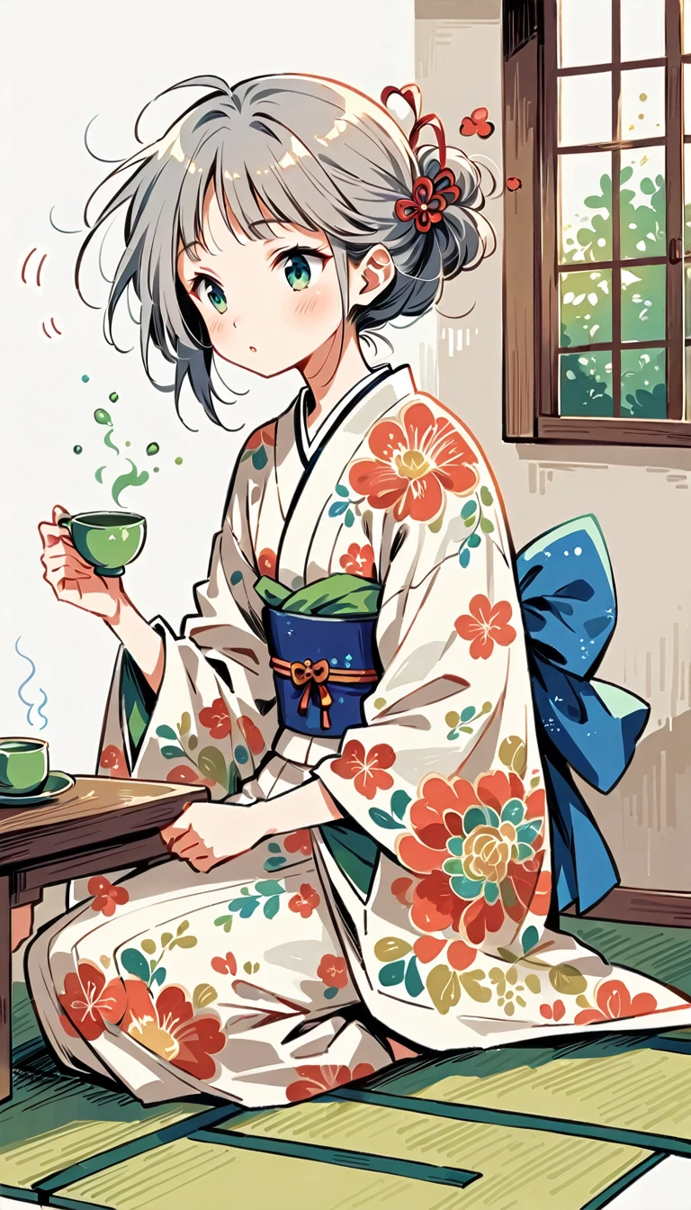 white background, Fujichoco style, kimono, gray hair, tatami, table, tea ceremony, green tea, window, simple background,Simple line initialism, 18 year old girl, (((The Most Beautiful Girl))), full body,