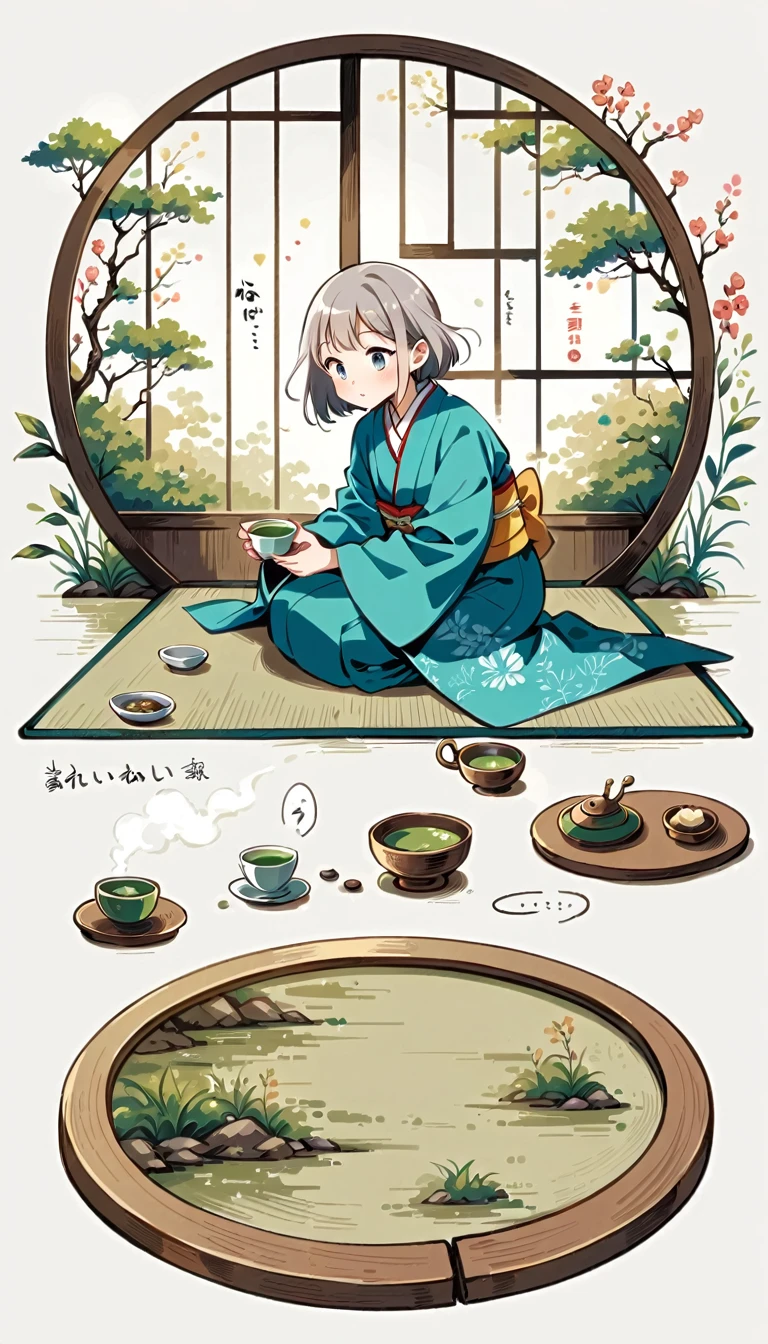 white background, Fujichoco style, kimono, gray hair, tatami, table, tea ceremony, green tea, window, simple background,Simple line initialism, 18 year old girl, (((The Most Beautiful Girl))), full body,