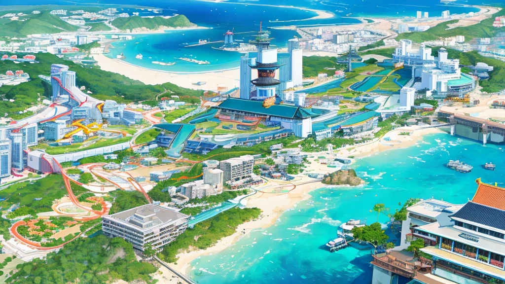 (resort city of Okinawa), which is in Japan, ((the beach is visible)). (((single image)))