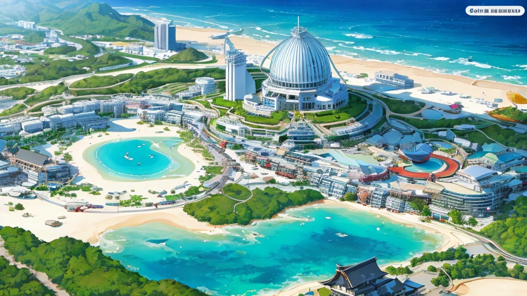 (resort city of Okinawa), which is in Japan, ((the beach is visible)). (((single image)))