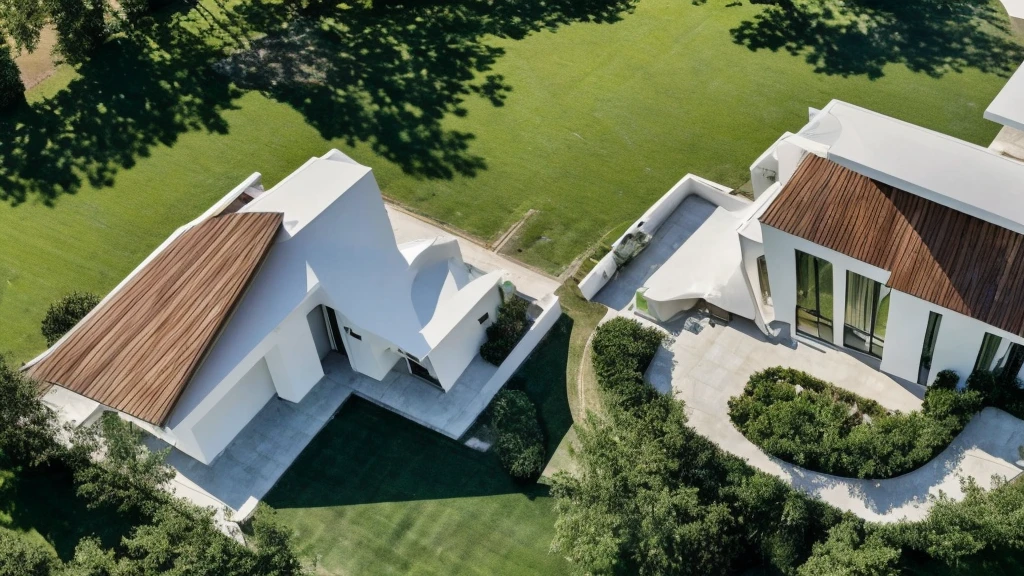 Elegant one-story, long, white cement mixed with wood house., Looks like the letter L, curved,It looks like a room.,medium sized back,beautiful,On the dark green grass,Shady atmosphere,Daytime,Take photos from a drone