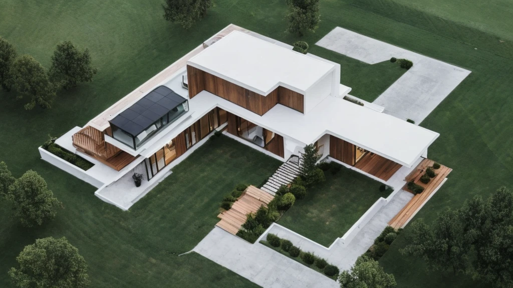 Elegant one-story, long, white cement mixed with wood house., Looks like the letter L, curved,It looks like a room.,medium sized back,beautiful,On the dark green grass,Shady atmosphere,Daytime,Take photos from a drone