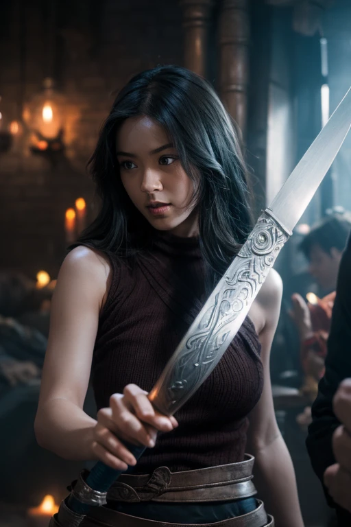 A black-haired girl wields the Heavy Thrusting Swords from within the Elden Ring in a reverse grip.