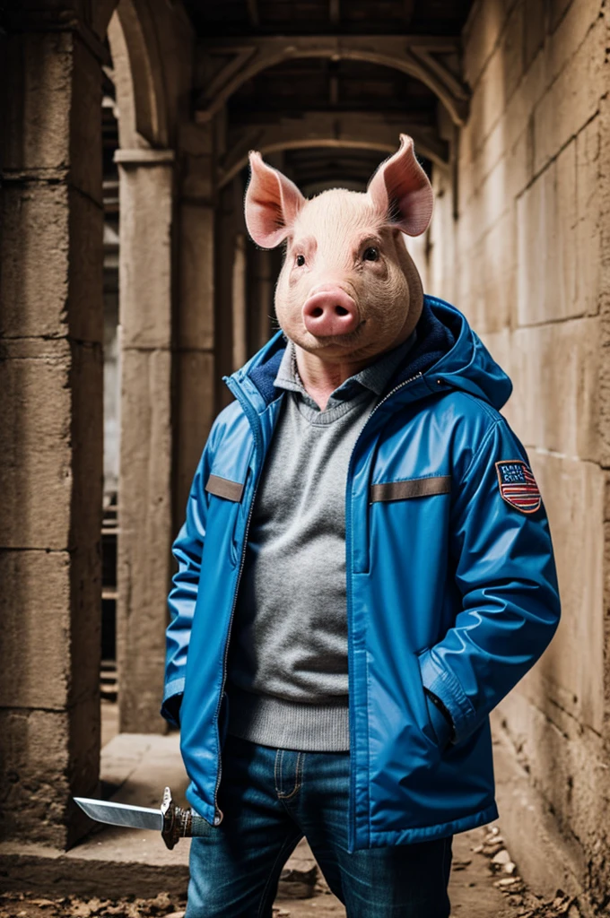 Pig wearing a blue jacket and holding a sword